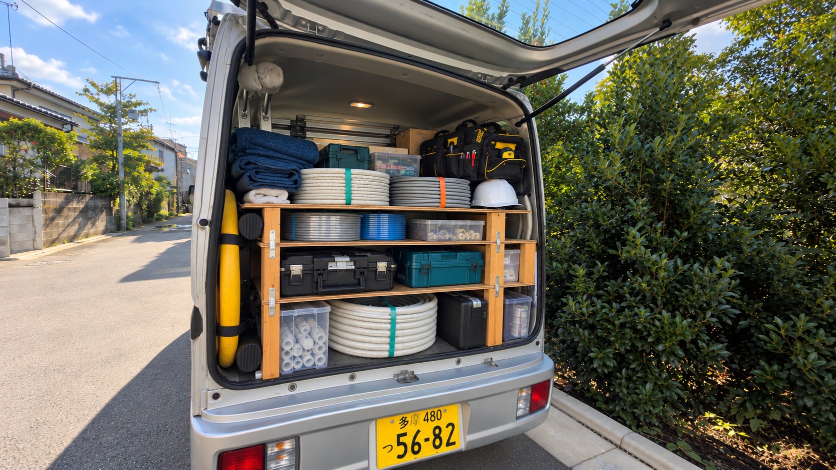 屋外に立つ作業着姿の田島さんと、ケーブルや工具箱、測定機器を整理して積載した田島電気設備の作業車両後部